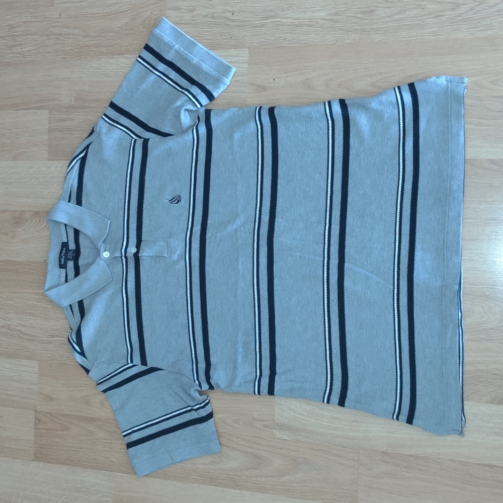 Vtg Nautica Polo Shirt Gray Blue Stripe Classic Casual Sport Golf L